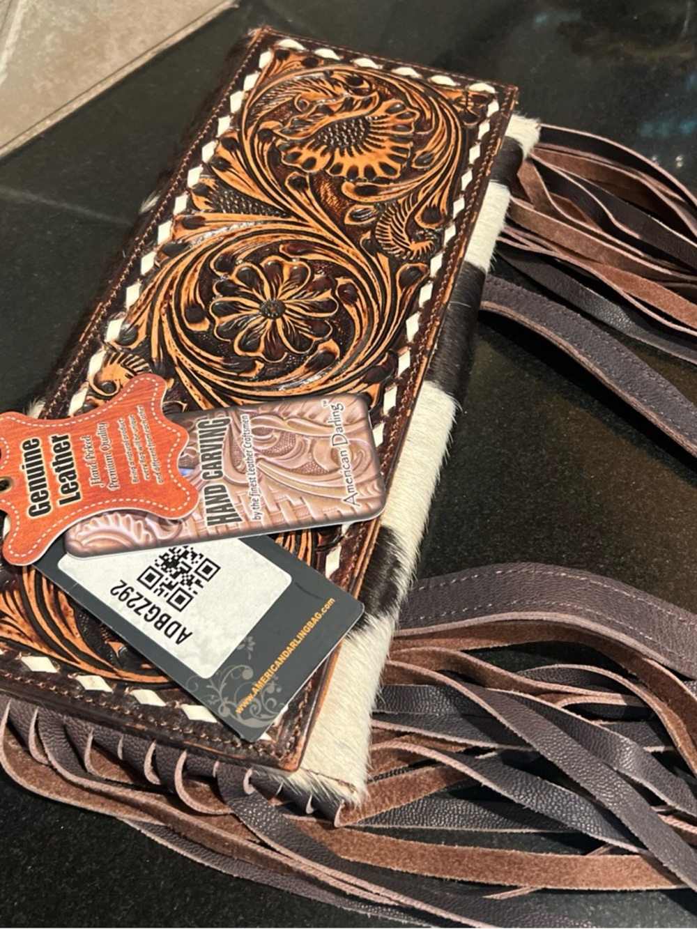 American Darling Western Tooled Leather Fringe Crossbody Bag - Brown/Black